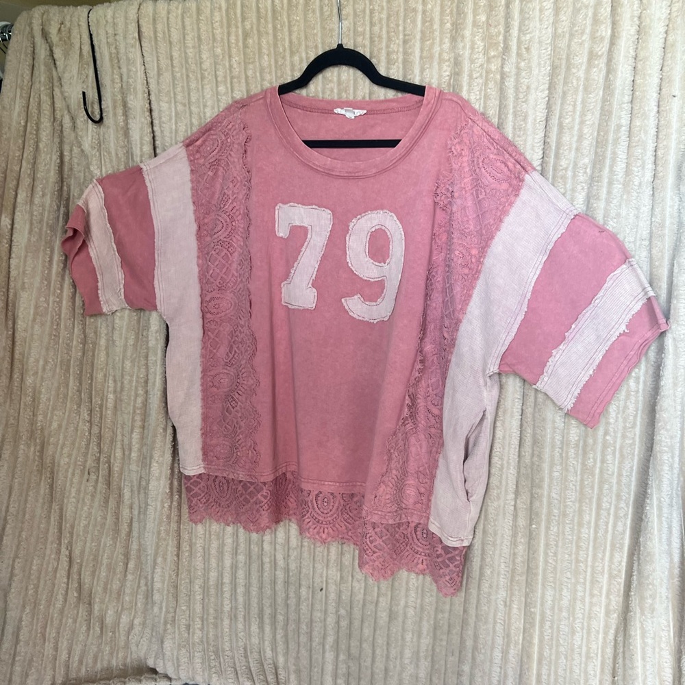 Women's Pink Lace Accent '79' Short Sleeve Tee